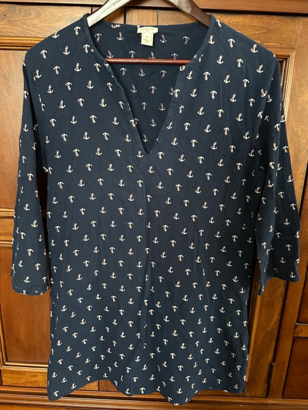 J. Crew Navy White Anchor Cotton V-Neck 3/4 Sleeve Tunic Top Women's Size M NWOT